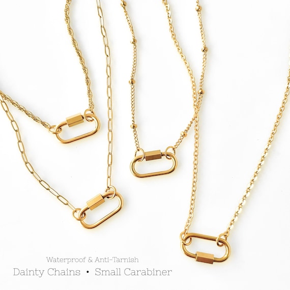 18K Gold Carabiner Necklace, Anti-Tarnish WATERPROOF, Oval Charm Holder, Layering Dainty Minimalist Chains Plated, Choose Custom Length
