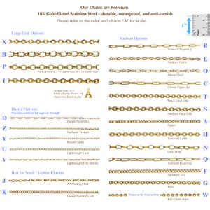 May include: A chart showcasing various gold-plated stainless steel chain styles. The image displays different link options, including large, medium, and dainty styles. A ruler is included for scale, and the text indicates the chains are durable and waterproof.
