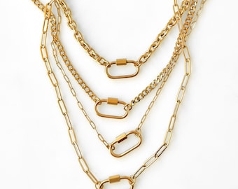 18K Gold Carabiner Necklace, Anti-Tarnish WATERPROOF, Oval Charm Holder, Chunky & Standard Plated Chains, Choose Your Lengths, Layered Stack