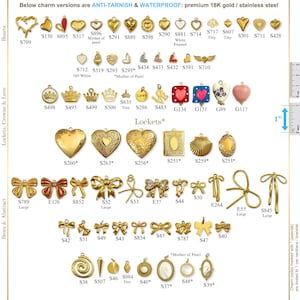 May include: A collection of gold-colored charms, including hearts, crowns, lockets, bows, and abstract shapes. The charms are made of premium 18K gold or stainless steel and are anti-tarnish and waterproof. The image includes a ruler for size reference.