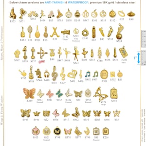 May include: A collection of gold-colored charms, including sports equipment, musical notes, butterflies, and other decorative shapes. The image includes text indicating the charms are anti-tarnish and waterproof, made of 18K gold or stainless steel.