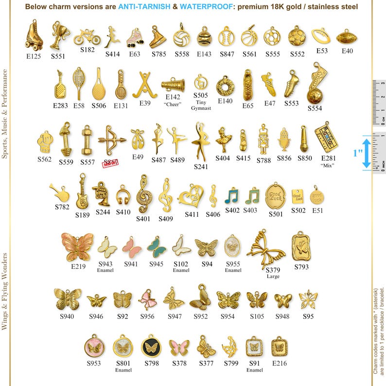 May include: A collection of gold-colored charms, including sports equipment, musical notes, butterflies, and other decorative shapes. The image includes text indicating the charms are anti-tarnish and waterproof, made of 18K gold or stainless steel.