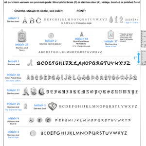 May include: A comprehensive chart displaying various silver-toned metal letter and number charms. The image includes multiple font styles, including script, block, and gothic, with a visible 1-inch ruler for scale. Each charm type is labeled.