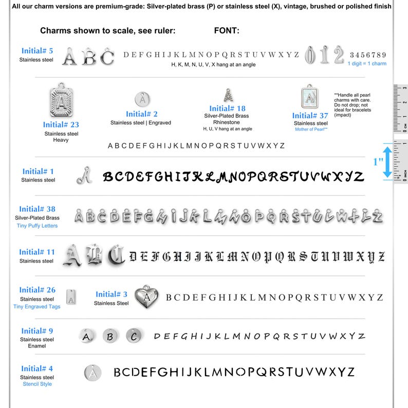 May include: A comprehensive chart displaying various silver-toned metal letter and number charms. The image includes multiple font styles, including script, block, and gothic, with a visible 1-inch ruler for scale. Each charm type is labeled.