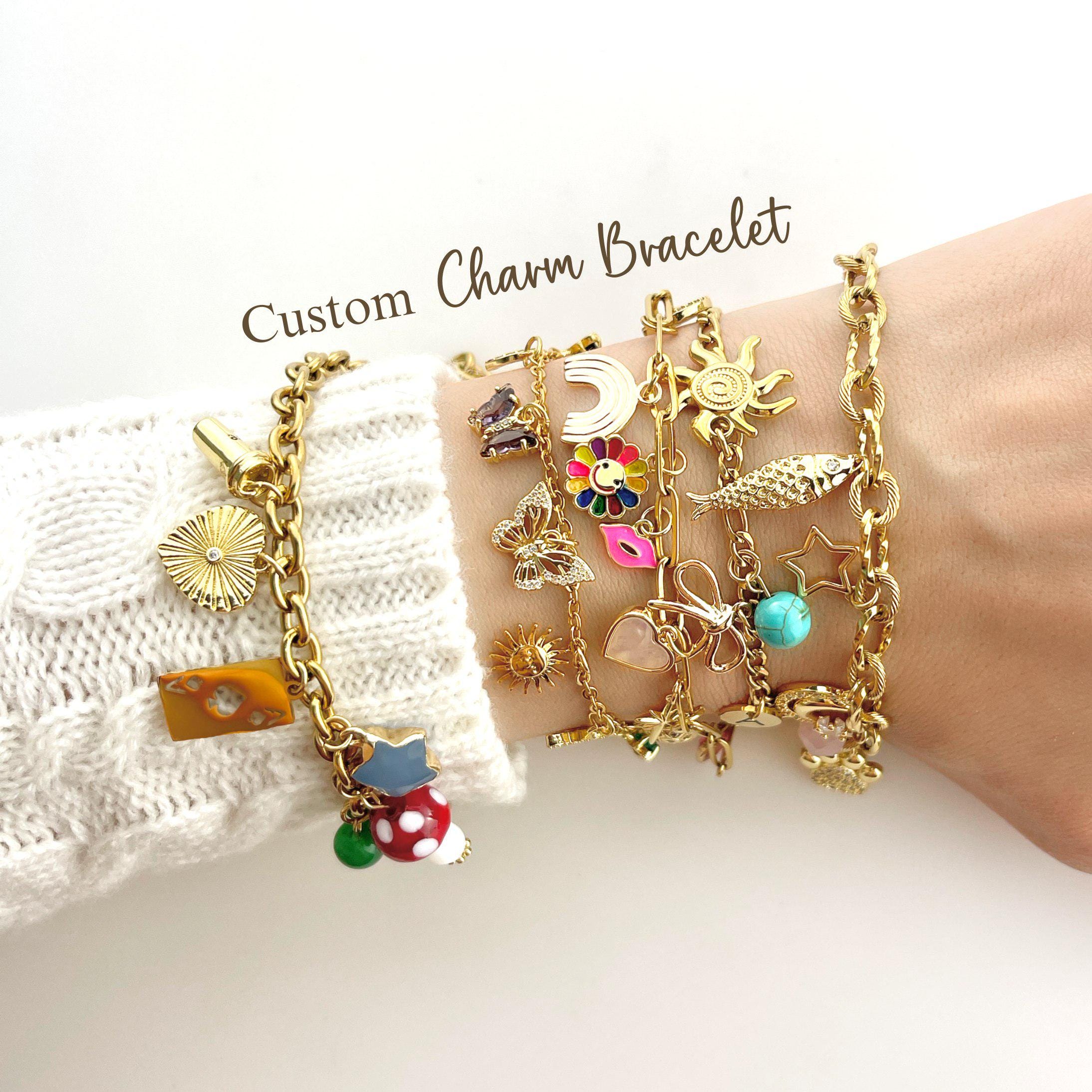 Build Your Own Custom Charm Bracelet, Choose Your Charms, Personalized Gift for Her, Vintage Chunky Bracelet, Gold Multi Charms, Customize