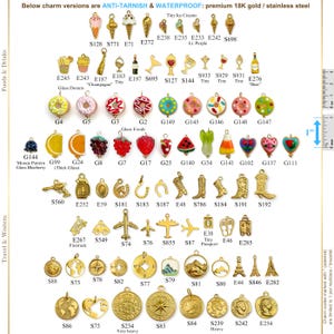 May include: A collection of gold-colored charms, including food and travel-themed designs. The charms feature ice cream cones, donuts, fruit, airplanes, and landmarks. The text in the image says "ANTI-TARNISH & WATERPROOF: premium 18K gold / stainless steel."