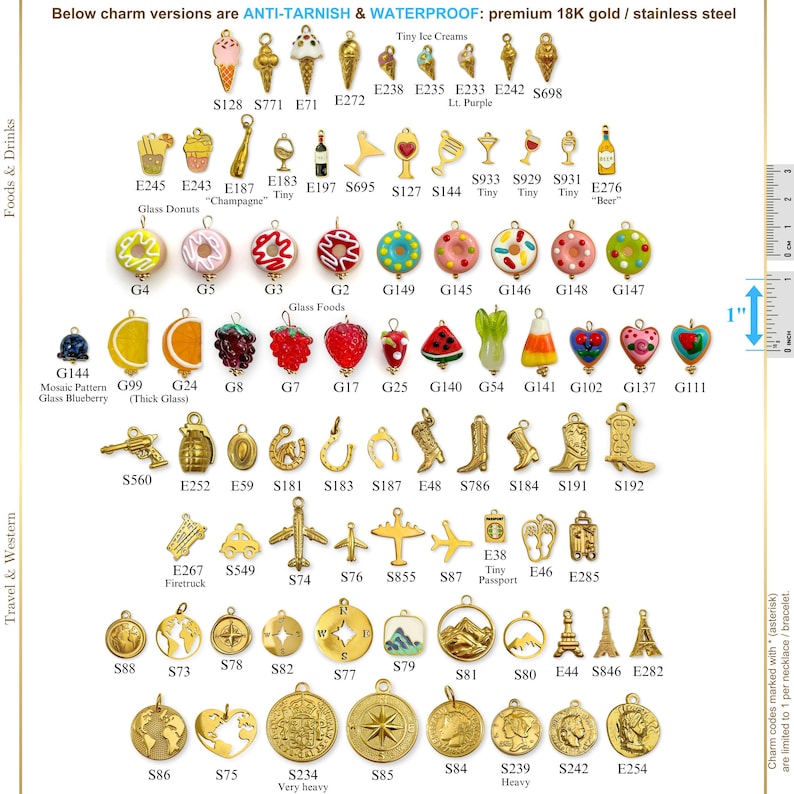 May include: A collection of gold-colored charms, including food and travel-themed designs. The charms feature ice cream cones, donuts, fruit, airplanes, and landmarks. The text in the image says "ANTI-TARNISH & WATERPROOF: premium 18K gold / stainless steel."