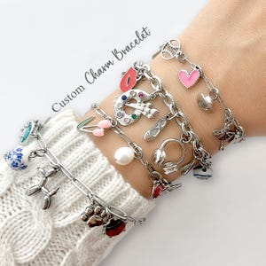 May include: A silver-toned chain link charm bracelet featuring various colourful charms including a pink heart, a paint palette, headphones, a pearl, a balloon dog, a ladybug, a paw print, and floral patterns. The text Custom Charm Bracelet is visible.