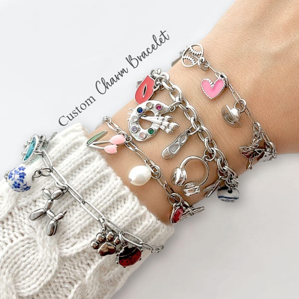 Custom Silver Charm Bracelet, Build Your Own, Pick and Choose Your Charms, Build Your Own Personalized Jewelry Gift, Chunky Multi Charms