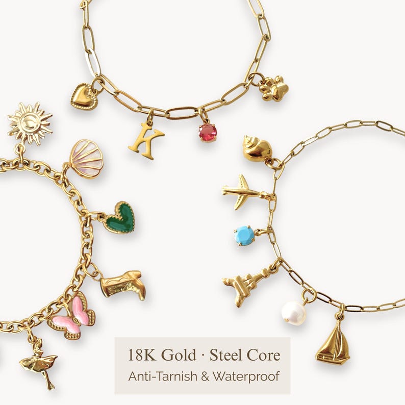May include: Gold-colored charm bracelets with various pendants, including a heart, a letter "K", a seashell, a sun, a butterfly, and a sailboat. The bracelets are made of 18K gold with a steel core and are anti-tarnish and waterproof.
