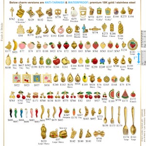 May include: Gold-colored food and drink charms, including a coffee cup, strawberry, apple, and watermelon. The charms are made of 18K gold and stainless steel. The image also includes a ruler for size reference.