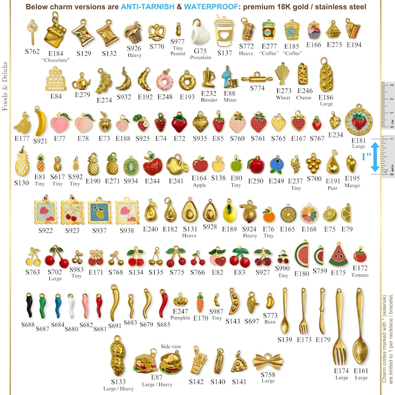 May include: Gold-colored food and drink charms, including a coffee cup, strawberry, apple, and watermelon. The charms are made of 18K gold and stainless steel. The image also includes a ruler for size reference.