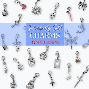 Puede incluir: Una colección de dijes vendidos individualmente en cierres. Los dijes incluyen un corazón, un sol, una llave, un lazo, un candado, una huella de pata, una rosa, una carta de juego, un ala, un unicornio, un avión y una daga. Los dijes son plateados.