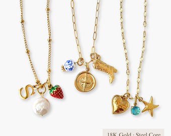 Custom Multi Cluster Gold Charm Necklace, 18K Dainty Minimalist Chains, WATERPROOF, Create Personalized Gift for Her Anti-Tarnish