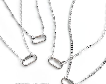 Silver Carabiner Necklace, Anti-Tarnish WATERPROOF, Oval Charm Holder, Dainty Minimalist Chains, Choose Your Lengths, Layered