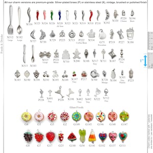May include: A collection of metal and colorful charms featuring food and drink motifs, including utensils, fruits, pastries, and beverages. Each charm is labeled with a code, and a 1-inch ruler is visible on the right side for scale reference.