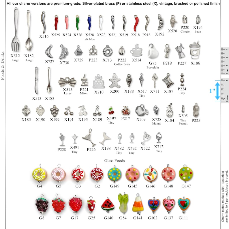 May include: A collection of metal and colorful charms featuring food and drink motifs, including utensils, fruits, pastries, and beverages. Each charm is labeled with a code, and a 1-inch ruler is visible on the right side for scale reference.
