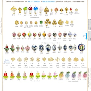 May include: A collection of gold and stainless steel charms featuring various designs, including mushrooms, clovers, flowers, and hand-painted porcelain beads. The image includes text indicating the charms are anti-tarnish and waterproof.