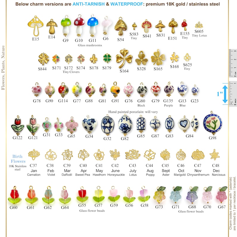 May include: A collection of gold and stainless steel charms featuring various designs, including mushrooms, clovers, flowers, and hand-painted porcelain beads. The image includes text indicating the charms are anti-tarnish and waterproof.