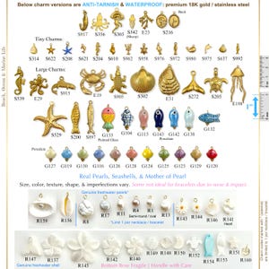 May include: A collection of gold-colored charms with various marine life designs, including starfish, seahorses, and seashells. The image also features porcelain beads and freshwater pearls. The text indicates the charms are anti-tarnish and waterproof.