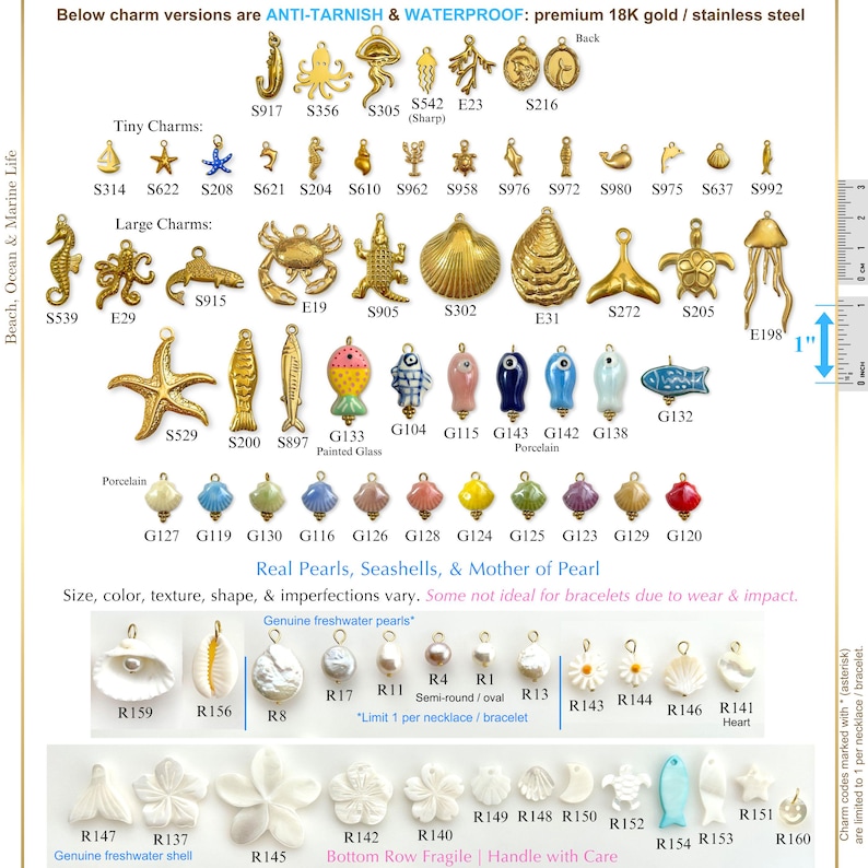 May include: A collection of gold-colored charms with various marine life designs, including starfish, seahorses, and seashells. The image also features porcelain beads and freshwater pearls. The text indicates the charms are anti-tarnish and waterproof.