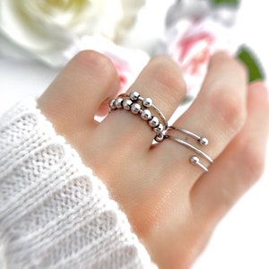 Fidget Ring, Spinning Bead Focus Relaxation, Relief Mindful Calm Stacking Dainty Minimalist Stress Free Spinner, Restless Hands Gift
