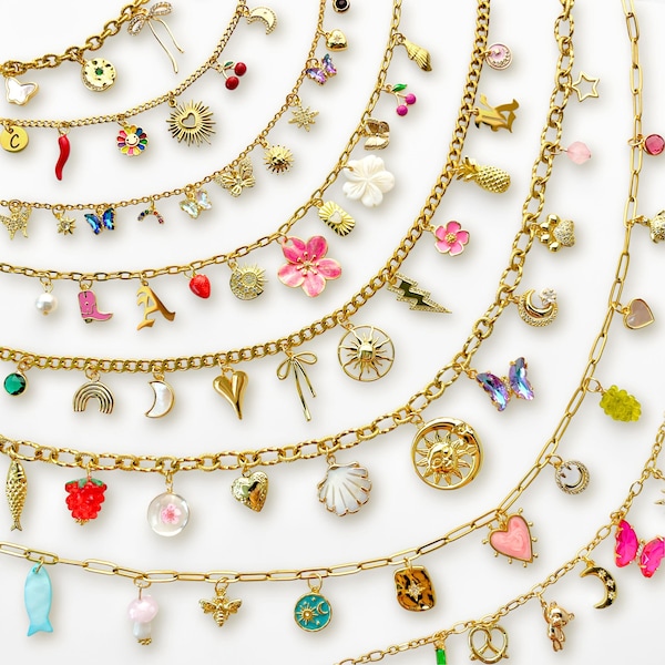 Build Your Own Custom Charm Necklace, 18K Gold Charms, Customize with 2500+ Pendants, Personalized Gift for Her, Chunky Vintage Style