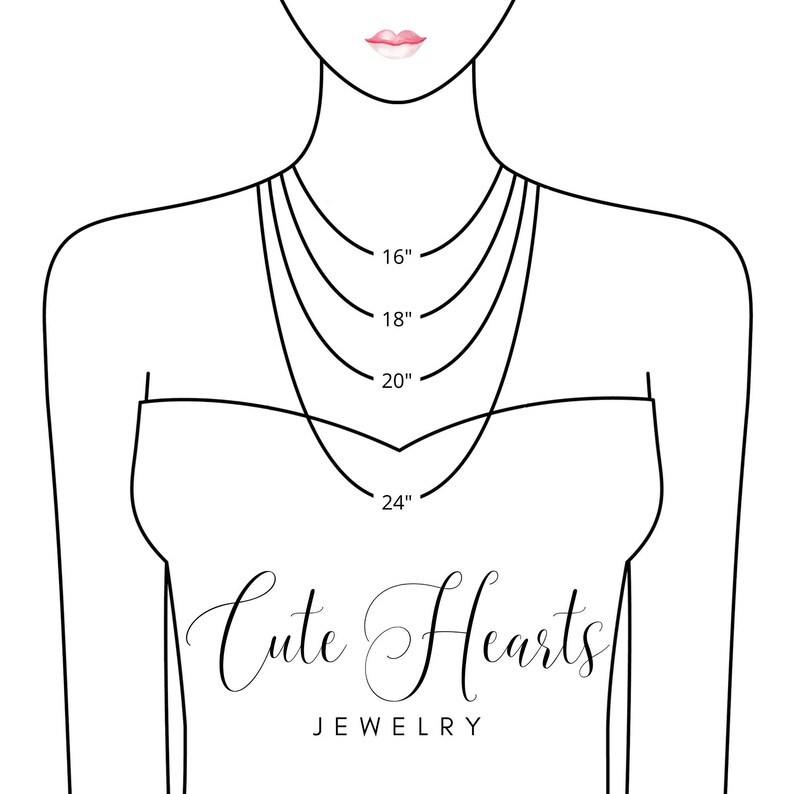 May include: A line drawing of a woman's neck and shoulders with four necklaces of different lengths. The necklaces are labeled 16 inches, 18 inches, 20 inches, and 24 inches. The text 'Cute Hearts Jewelry' is below the necklaces.