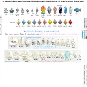 May include: A collection of jewelry charms featuring various designs including metal shells, colorful porcelain fish, and genuine freshwater pearls and shells. A one-inch ruler is visible on the right side for scale, and each item is labeled with a code.