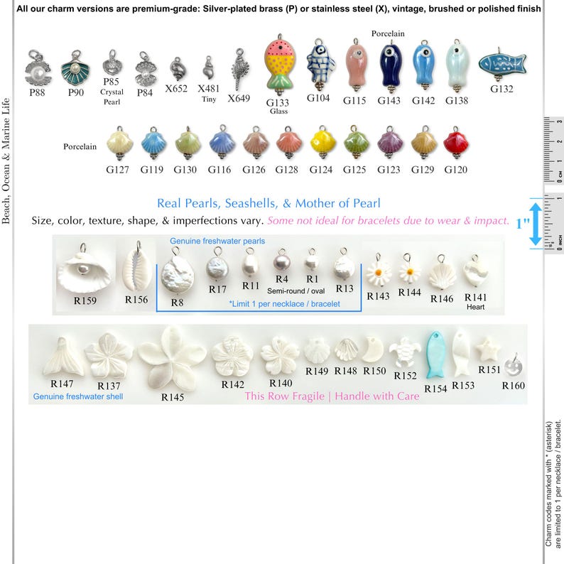 May include: A collection of jewelry charms featuring various designs including metal shells, colorful porcelain fish, and genuine freshwater pearls and shells. A one-inch ruler is visible on the right side for scale, and each item is labeled with a code.