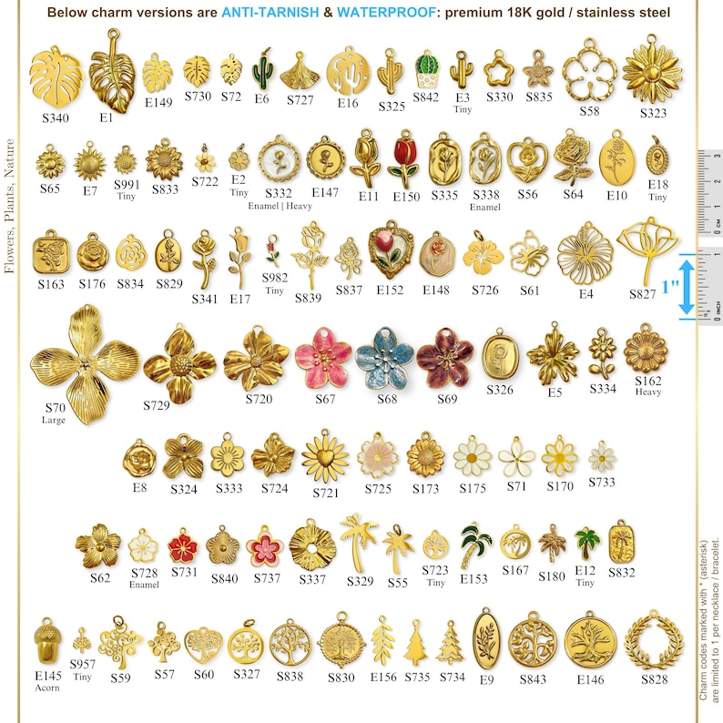 May include: A collection of gold-colored charms featuring floral, plant, and nature-themed designs. The charms include various flowers, leaves, trees, and other botanical elements. Some charms have enamel details. The image includes a ruler for size reference.