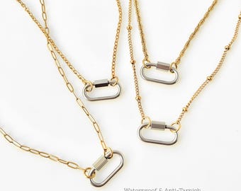 Mixed Metal 18K Gold Silver Carabiner Necklace or Bracelet, Anti-Tarnish WATERPROOF, Oval Charm Holder, Layered Dainty Minimalist Chains