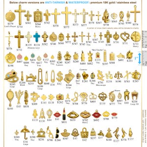 May include: A collection of gold-colored charms, including crosses, hearts, and various other shapes. The image includes text indicating the charms are anti-tarnish and waterproof, made of premium 18K gold or stainless steel.
