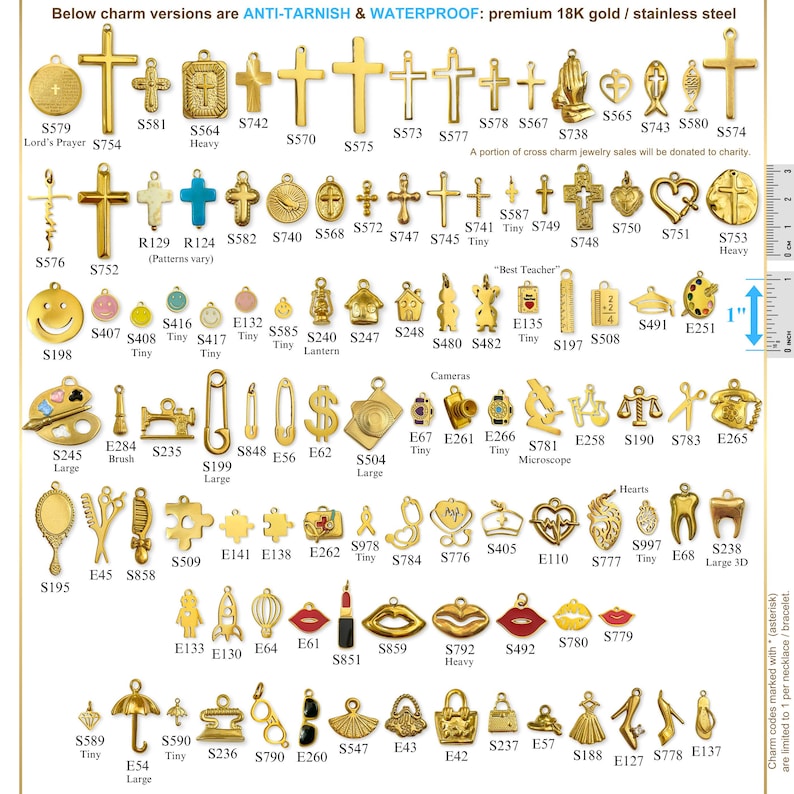 May include: A collection of gold-colored charms, including crosses, hearts, and various other shapes. The image includes text indicating the charms are anti-tarnish and waterproof, made of premium 18K gold or stainless steel.