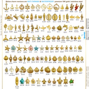 May include: A collection of gold-colored charms with various marine life and nautical designs, including anchors, starfish, shells, and sea creatures. The charms are labeled with codes and are described as anti-tarnish and waterproof, made of premium 18K gold or stainless steel.