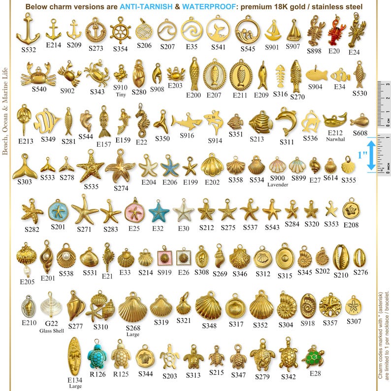 May include: A collection of gold-colored charms with various marine life and nautical designs, including anchors, starfish, shells, and sea creatures. The charms are labeled with codes and are described as anti-tarnish and waterproof, made of premium 18K gold or stainless steel.