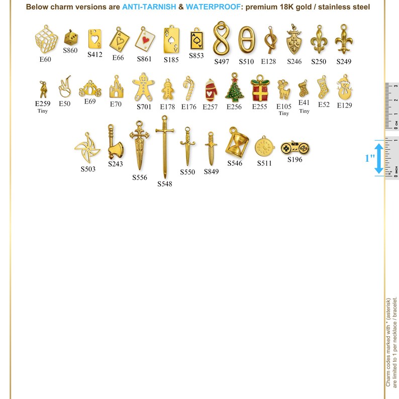 May include: A collection of gold-colored charms in various shapes, including hearts, playing cards, and holiday-themed designs. The charms are labeled with codes and are made of 18K gold or stainless steel. The image includes a ruler for size reference.