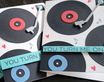 Vinyl Record Valentine Card, Retro Anniversary Card for Music Lover, Turntable Card, You Turn Me On