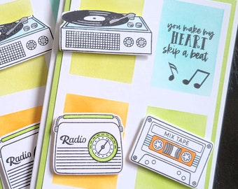 Retro Anniversary Card for Music Lover, Vinyl Record Valentine Card Musician Gift, Retro Radio, Cassette Tape, Heart Skip a Beat