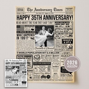 May include: A newspaper-style print marking a 35th anniversary, with the headline "Happy 35th Anniversary!" and a photo of a couple. Includes text about 1991 and a "2026 Version" sticker, with measurements in the imperial system.