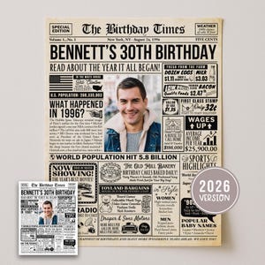 以下が含まれることがあります： 30歳の誕生日を祝う、写真と1996年の見出しが特徴のパーソナライズされた新聞プリント。その年の出来事、人口、大衆文化に関する詳細が含まれており、2026年版のステッカーが付いています。