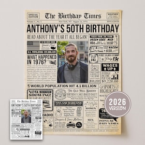 May include: A vintage-style newspaper print celebrating Anthony's 50th birthday, dated August 24, 1976, with a photo of Anthony. Includes historical facts, advertisements, and a '2026 Version' sticker.