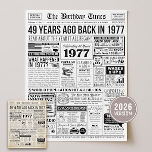Póster de periódico para el 49 cumpleaños, recuerdo de 1977, año de tu nacimiento, cartel imprimible de bienvenida con foto de cumpleaños y preguntas, descarga instantánea.