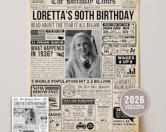May include: A vintage-style newspaper print celebrating Loretta's 90th birthday, dated August 24, 1936. The design includes a portrait, historical facts, and the text "2026 Version."