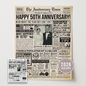 May include: A vintage-style newspaper print celebrating a 50th wedding anniversary. The design features the headline "Happy 50th Anniversary!" with a photo of the couple and details from 1976. Includes a smaller version and a "2026 Version" seal.