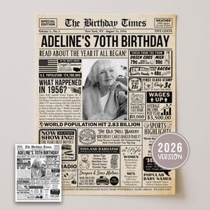Può includere: Una stampa in stile giornale in bianco e nero che celebra il 70° compleanno di Adeline, datata 24 agosto 1956. Il design include una foto di una donna, fatti storici e un adesivo versione 2026.