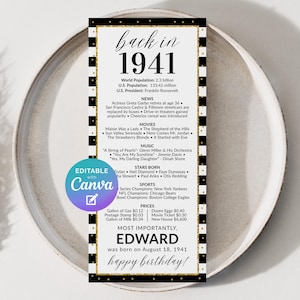 Puede incluir: Un cartel de cumpleaños rectangular vertical con un borde de rayas blancas y negras y puntos dorados. El texto dice back in 1941, enumerando hechos históricos, películas, música y precios, terminando con Edward was born on August 18, 1941, happy birthday.