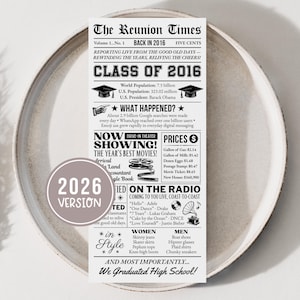 May include: A black and white newspaper-style print titled "The Reunion Times" for the Class of 2016. The print includes information about the year, such as the U.S. President, popular movies, and prices. A circular sticker reads "2026 Version".