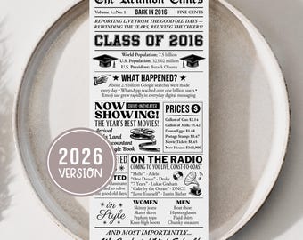 10th Class Reunion Favors, Class of 2016 Place Card, 10th High School Reunion Newspaper, Table Decorations, Digital Download