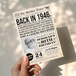 Szablon zaproszenia na 80. urodziny, zaproszenie do gazety na urodziny urodzonego w 1946 roku ze zdjęciem dla mężczyzn lub kobiet, edytowane w Canva zdjęcie 6